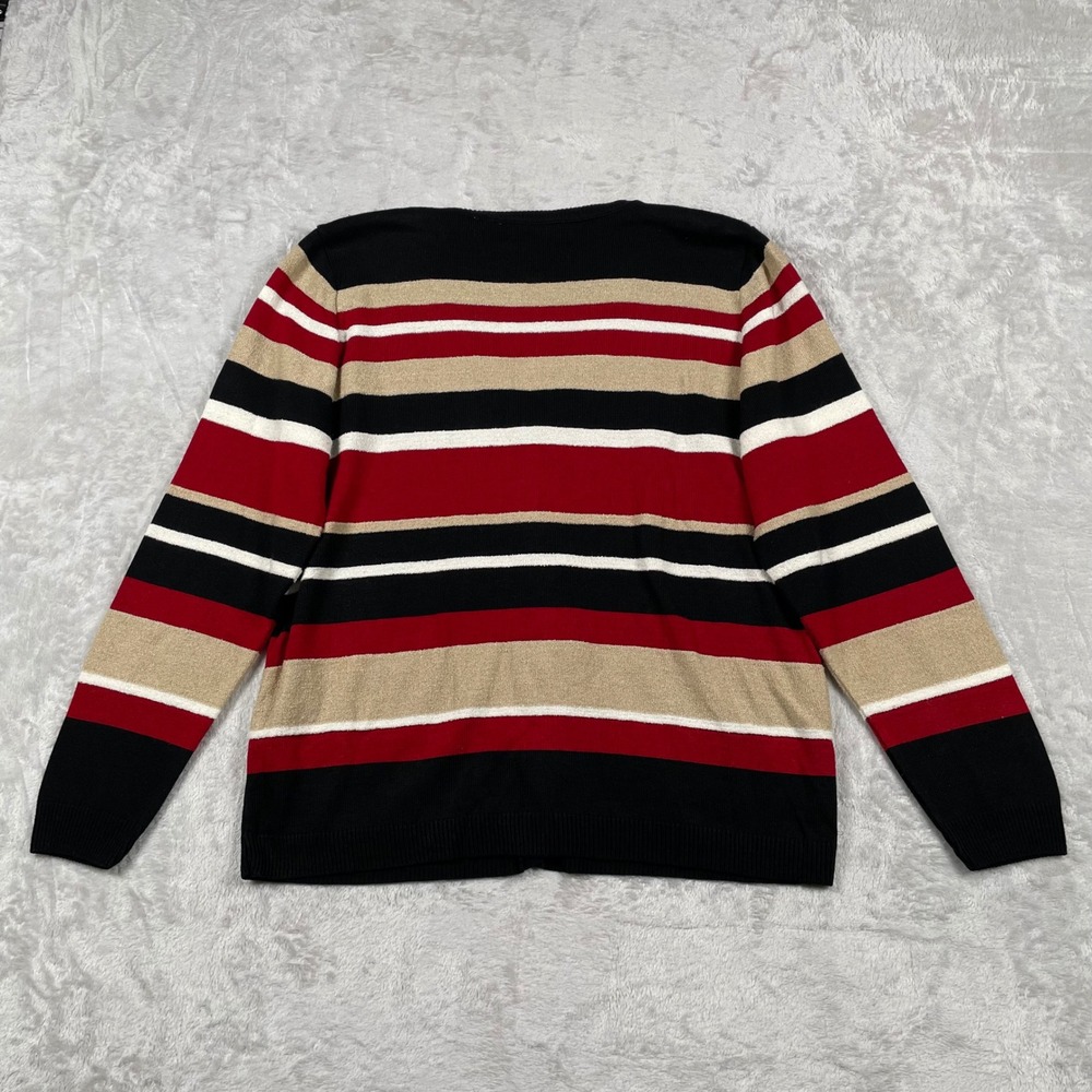Alfred Dunner Striped Cardigan Sweater‎ Black Red Beige White Womens S - Picture 2 of 6
